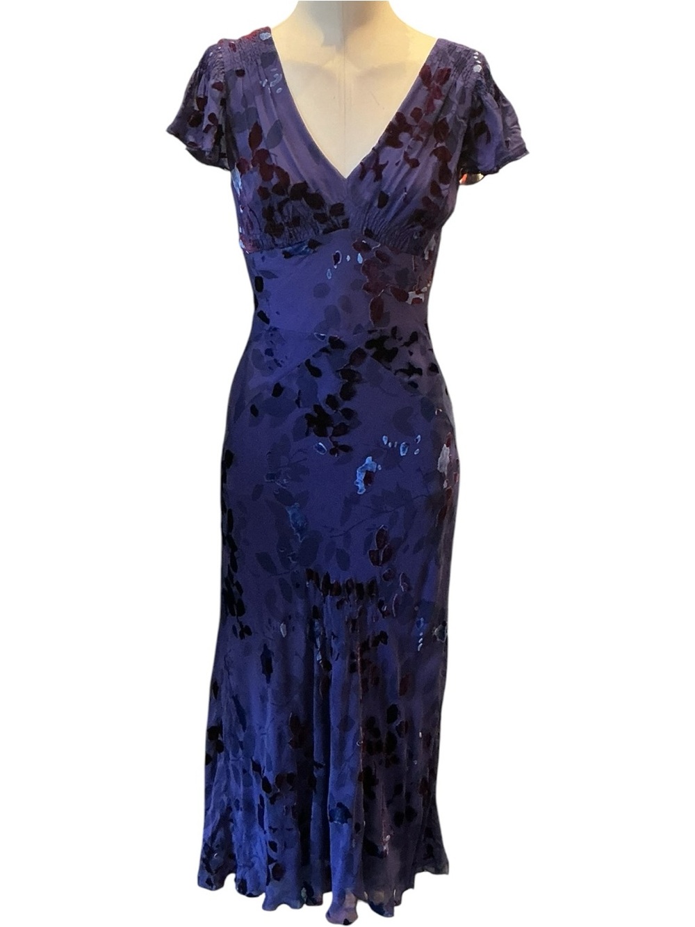 Vintage Y2K Jones New York Silk Floral Print Short Sleeve Burnout Maxi Dress